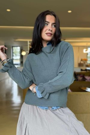 Conrad Batwing Ruffle Cuff Knit Deep Sage